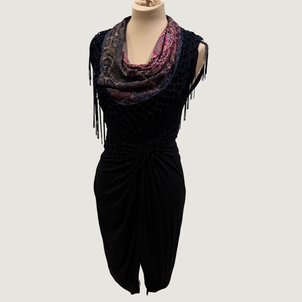 Desigual Flor Dress S Black Boho Fringe Cowl Neck Draped Whimsygoth 51V20R5